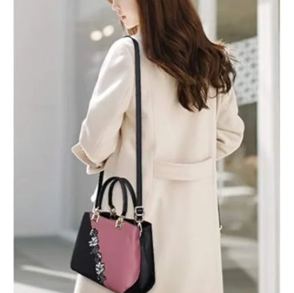 Handbag Embroidery Top Handle Satchel Fashion Shoulder Bag Tote Purse Black Pink - Picture 6 of 7